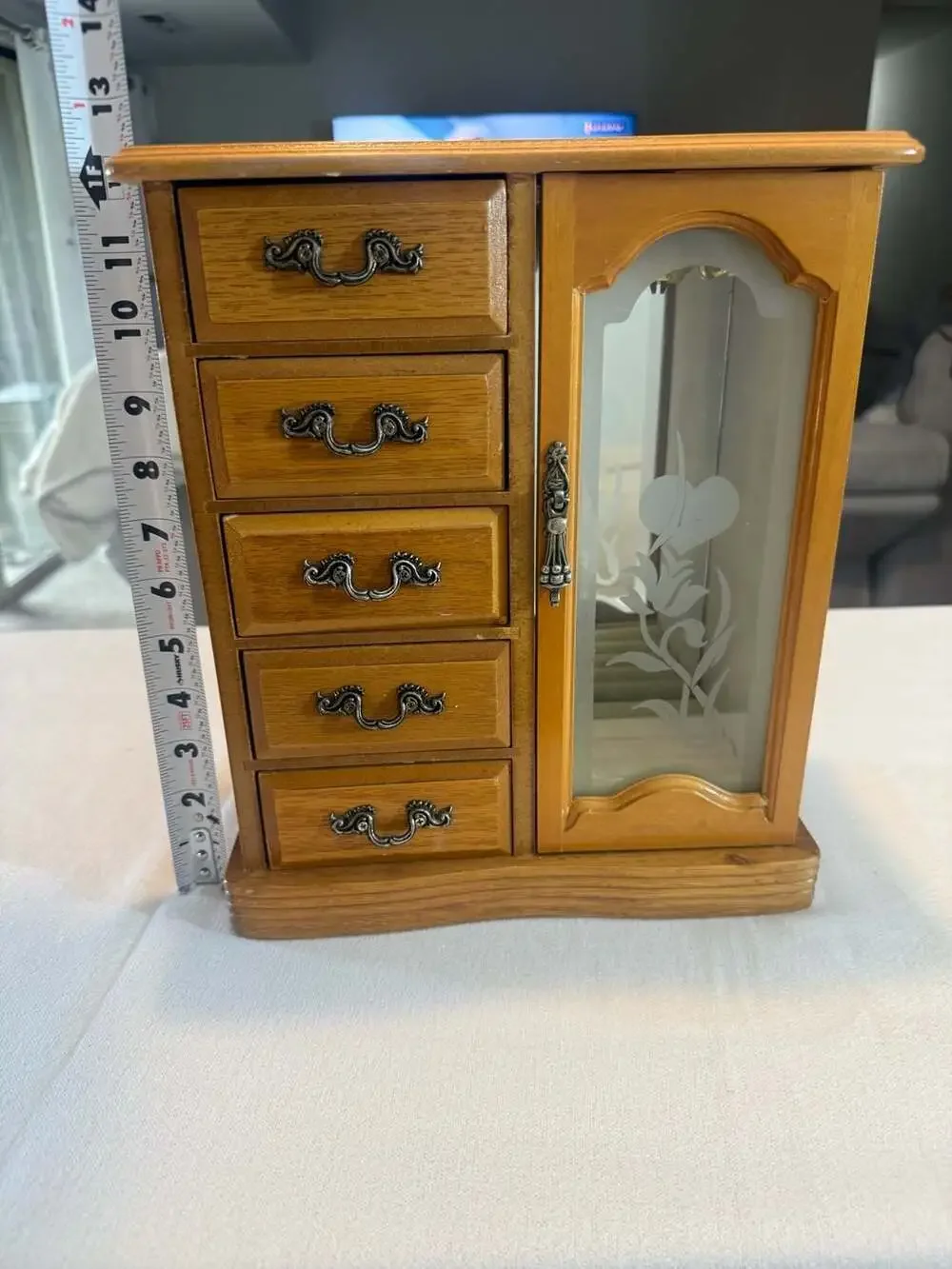 Vintage Tall Wooden Jewelry Armoire with 5 Drawers and Etched Glass Door